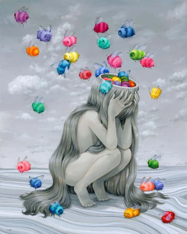 A dreamlike Hivemind figure surrounded by colorful winged creatures